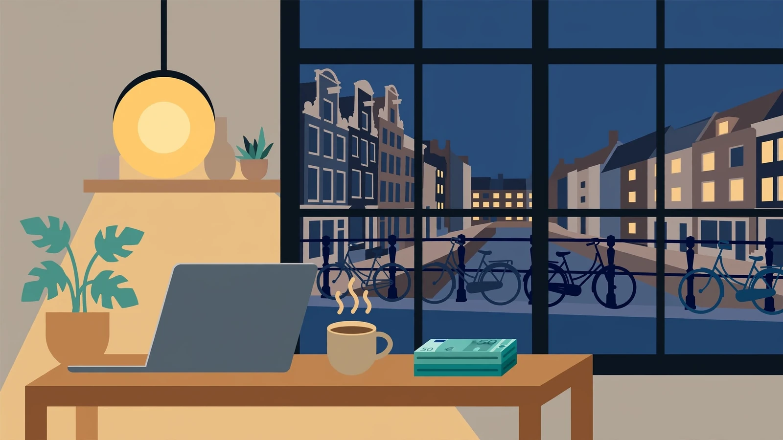 Laptop op salontafel met euro's en koffie in een Nederlands interieur