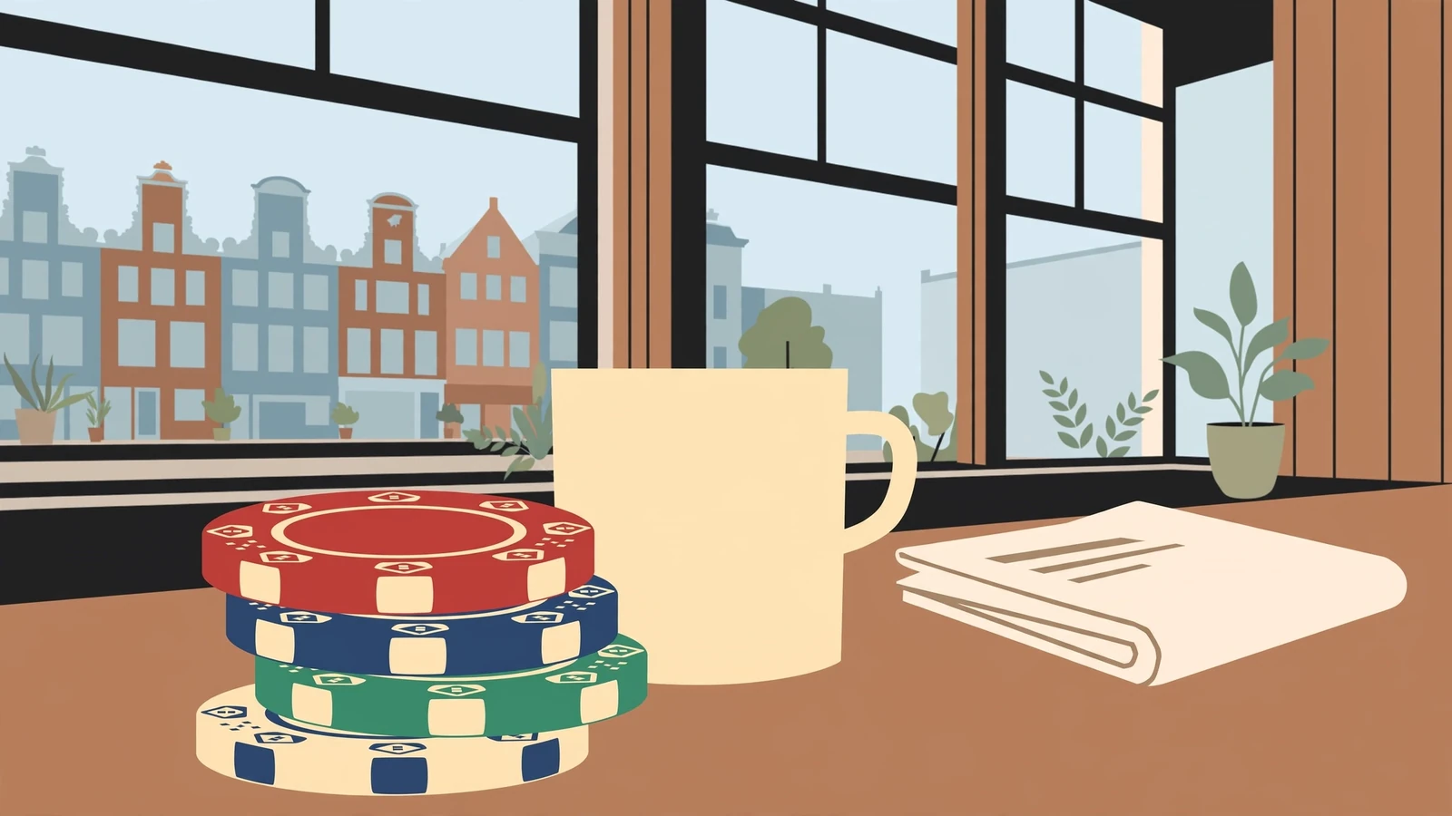 Casinochips en koffie op een houten tafel in een modern Nederlands café