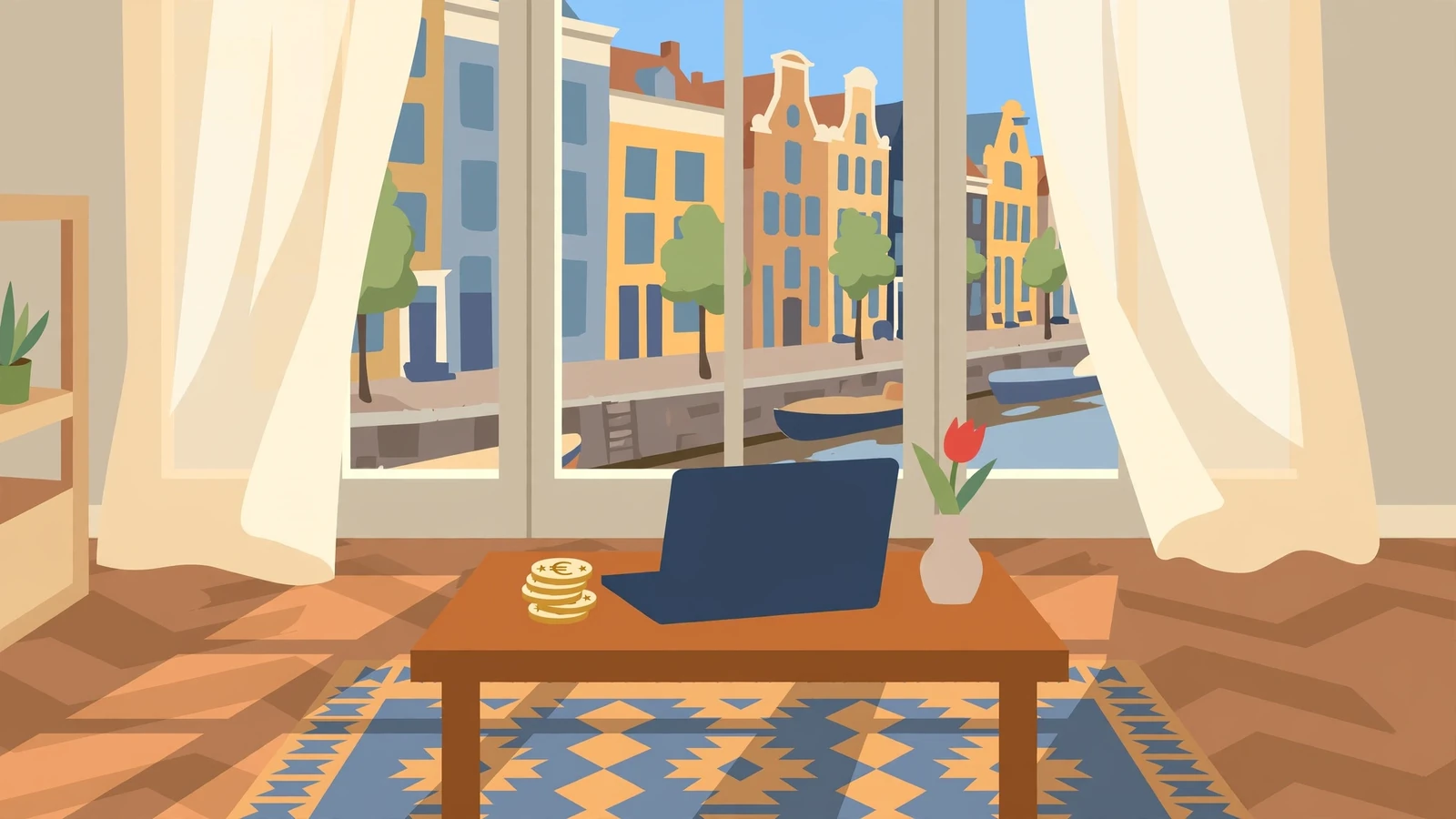 Euromunten en gesloten laptop op houten tafel in lichte Nederlandse woonkamer