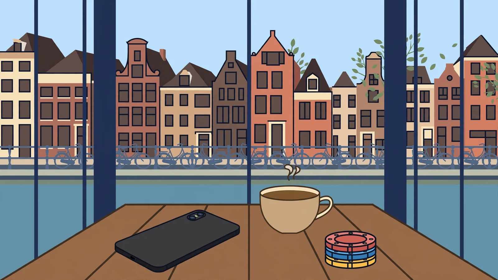 Smartphone op een tafel met uitzicht op een Amsterdamse gracht.
