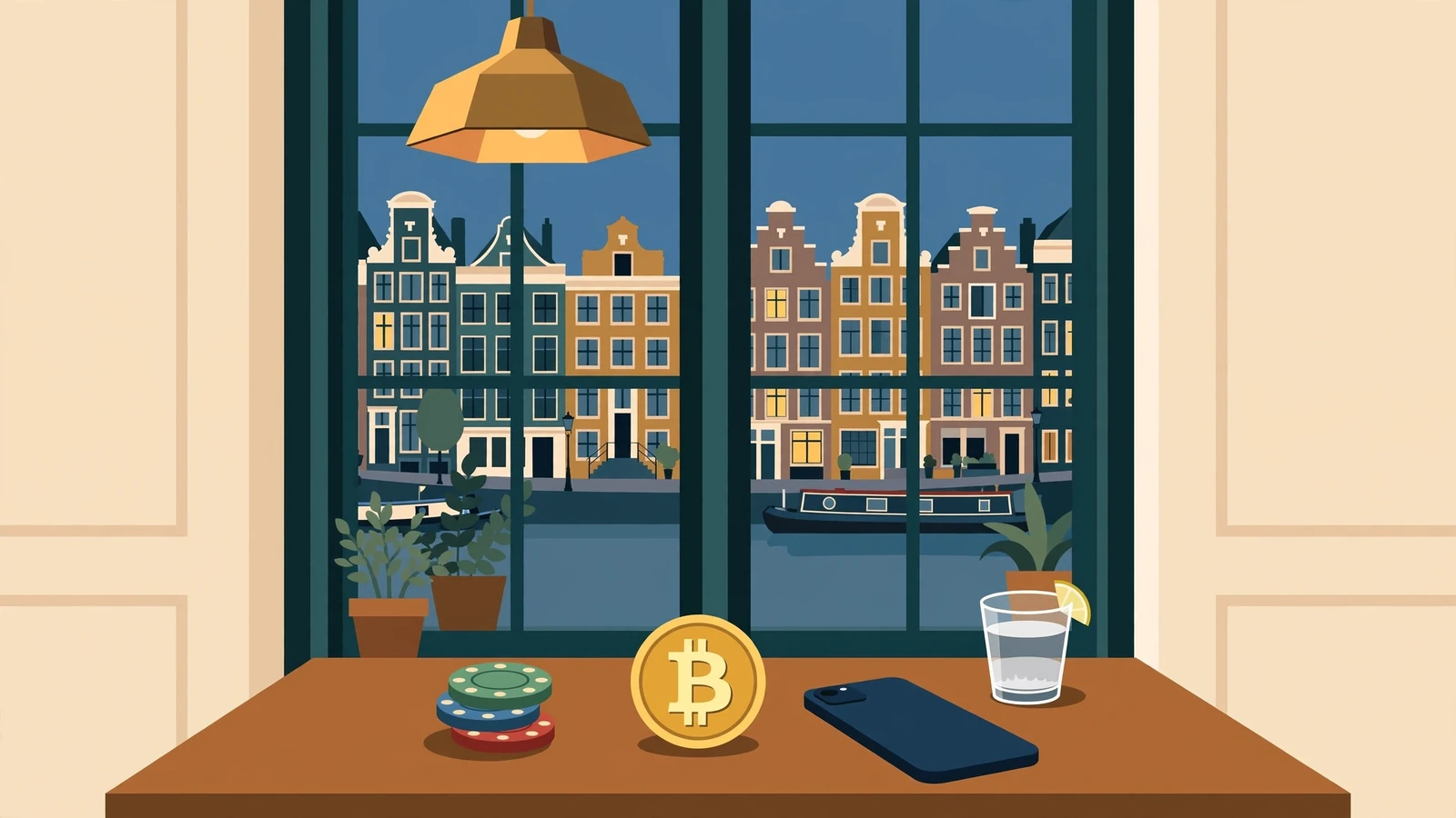 Stille avond in een Amsterdams grachtenpand met casinofiches en een bitcoin-munt op tafel
