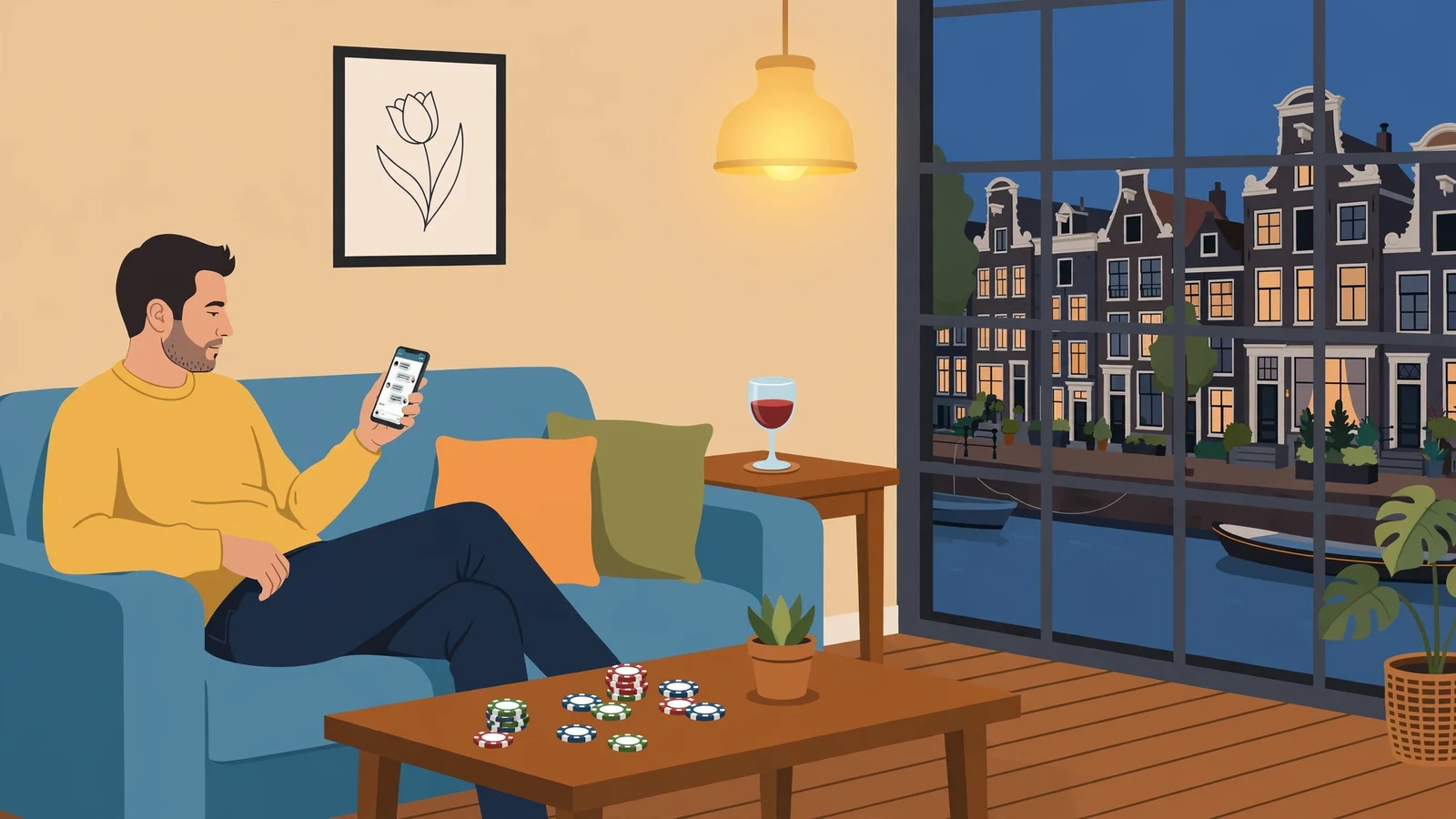 Persoon op de bank met smartphone in een huiskamer, fiches op tafel