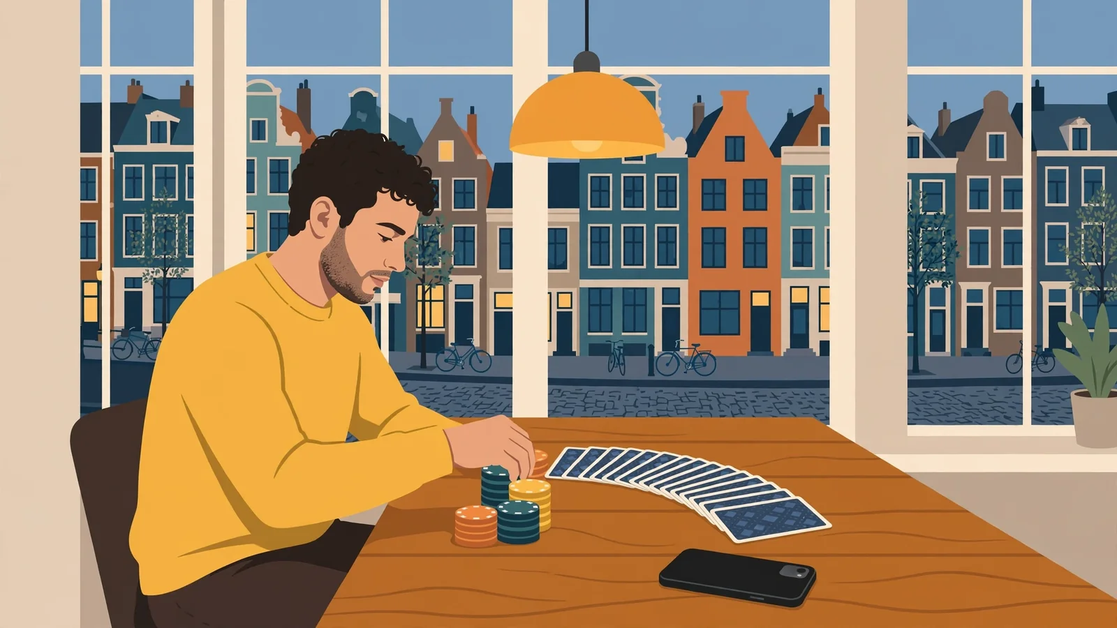 Man met pokerchips aan tafel in Amsterdams appartement, grachtenpanden zichtbaar door het raam.