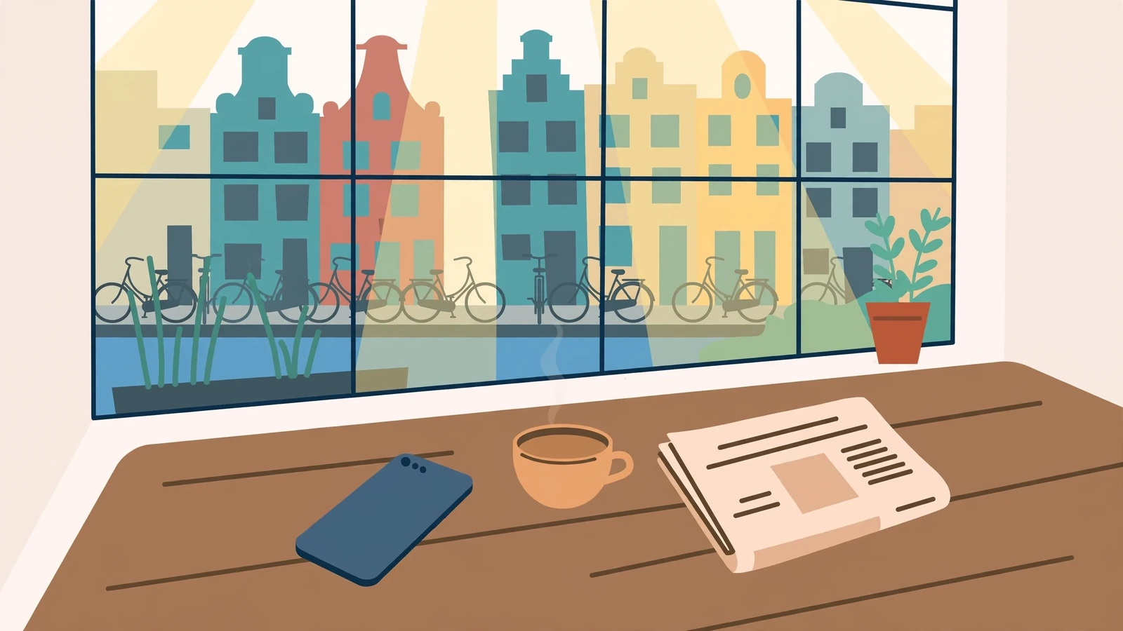 Smartphone op een tafel in een Amsterdams café met zicht op grachten