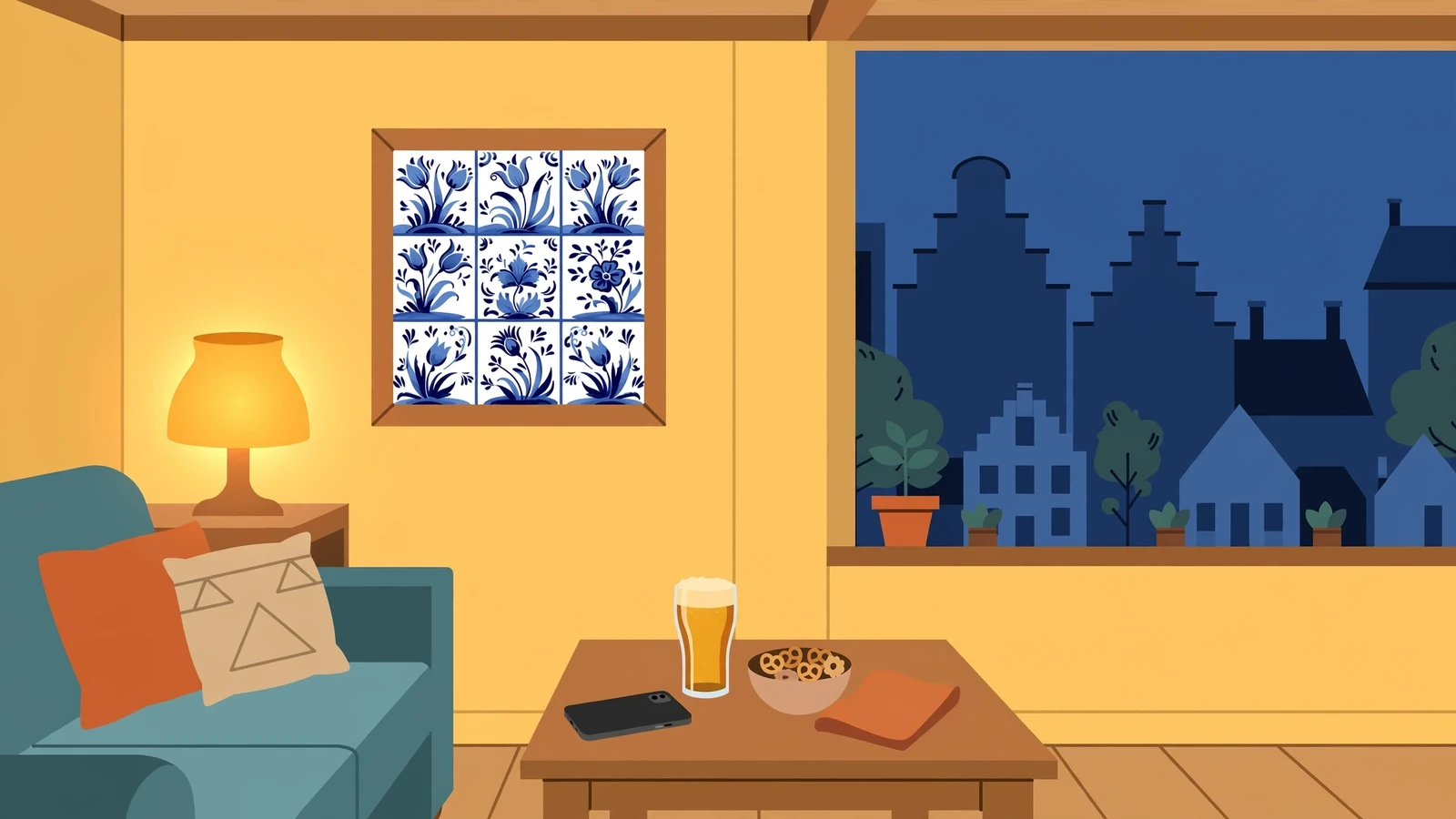 Sfeervolle Nederlandse woonkamer met smartphone en bier op tafel
