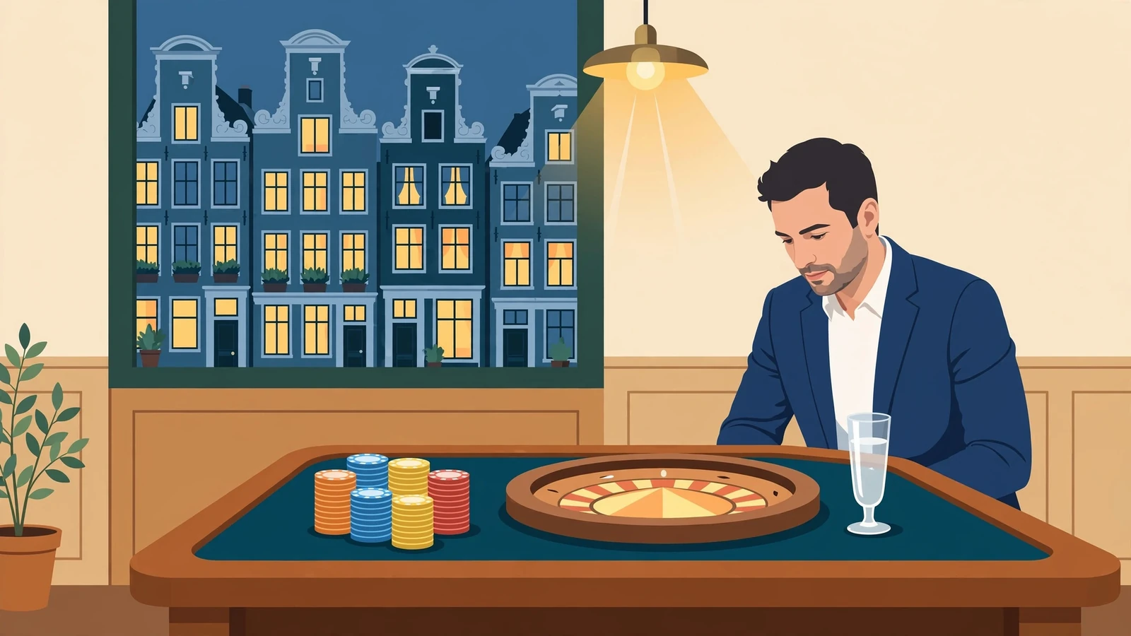 Stijlvolle casinotafel met fiches en roulette in een Nederlands interieur