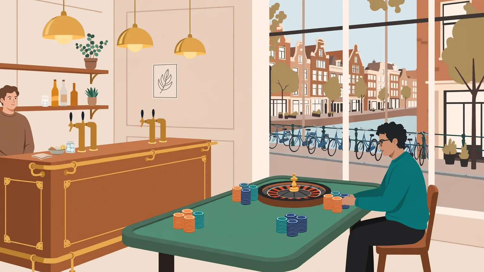 Hollands cafélounge met roulettewiel en uitzicht op een gracht