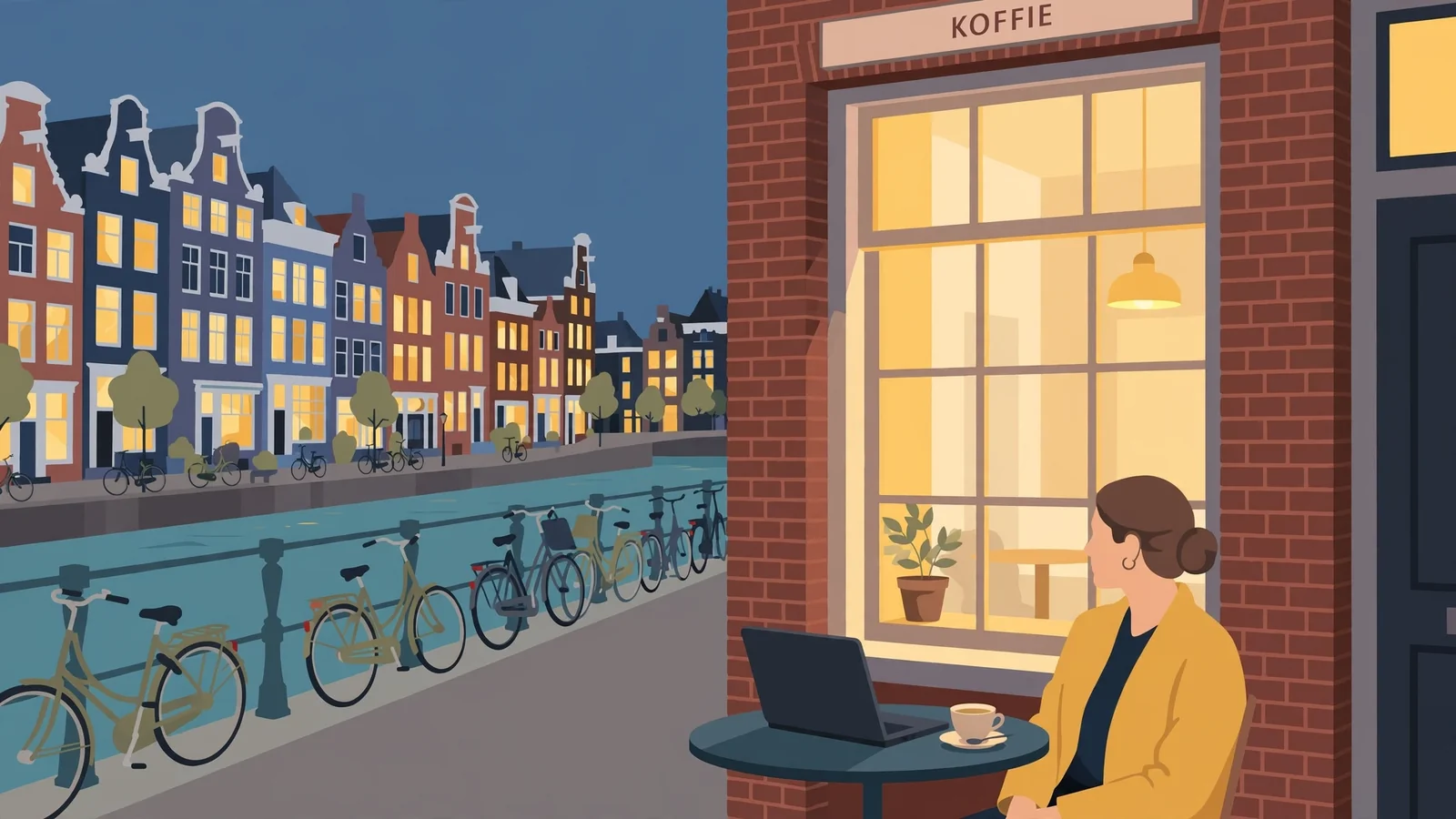 Nederlander aan een cafétafel met gesloten laptop in een Nederlandse straat
