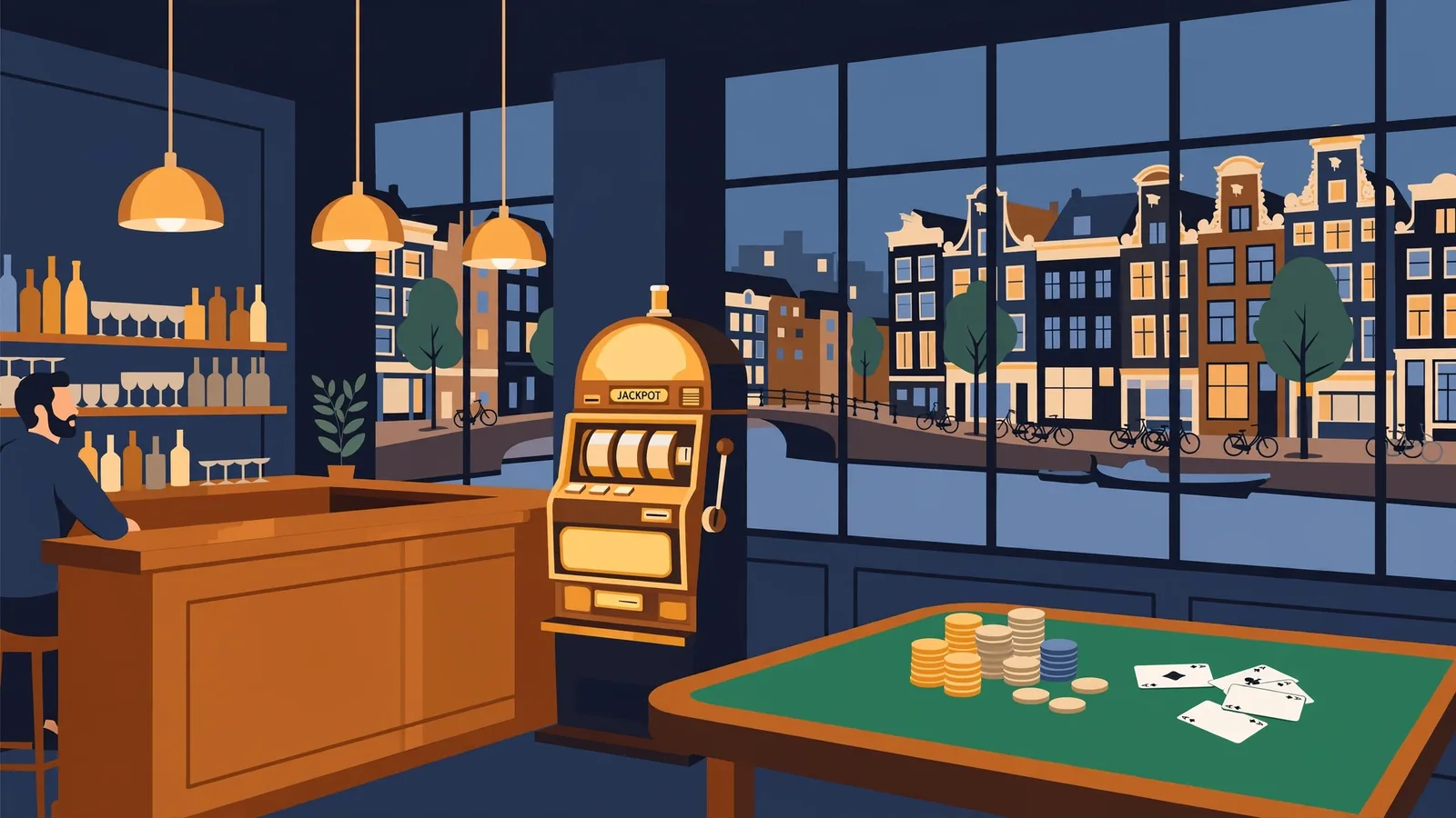 Modern casino lounge met speelautomaat en kaarttafel in Amsterdamse avondsfeer