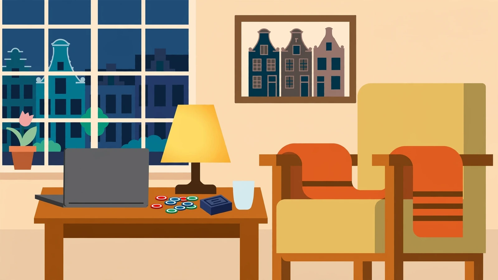 Sfeervolle huiskamer met casinofiches, kaarten en dichtgeklapte laptop