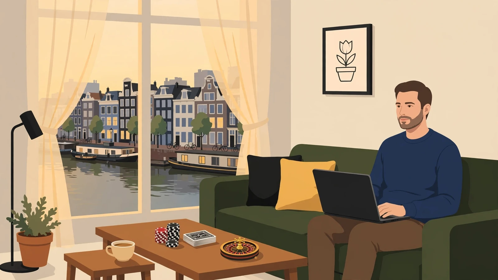 Persoon op bank met gesloten laptop, koffie en casinochips op tafel in modern Nederlands interieur