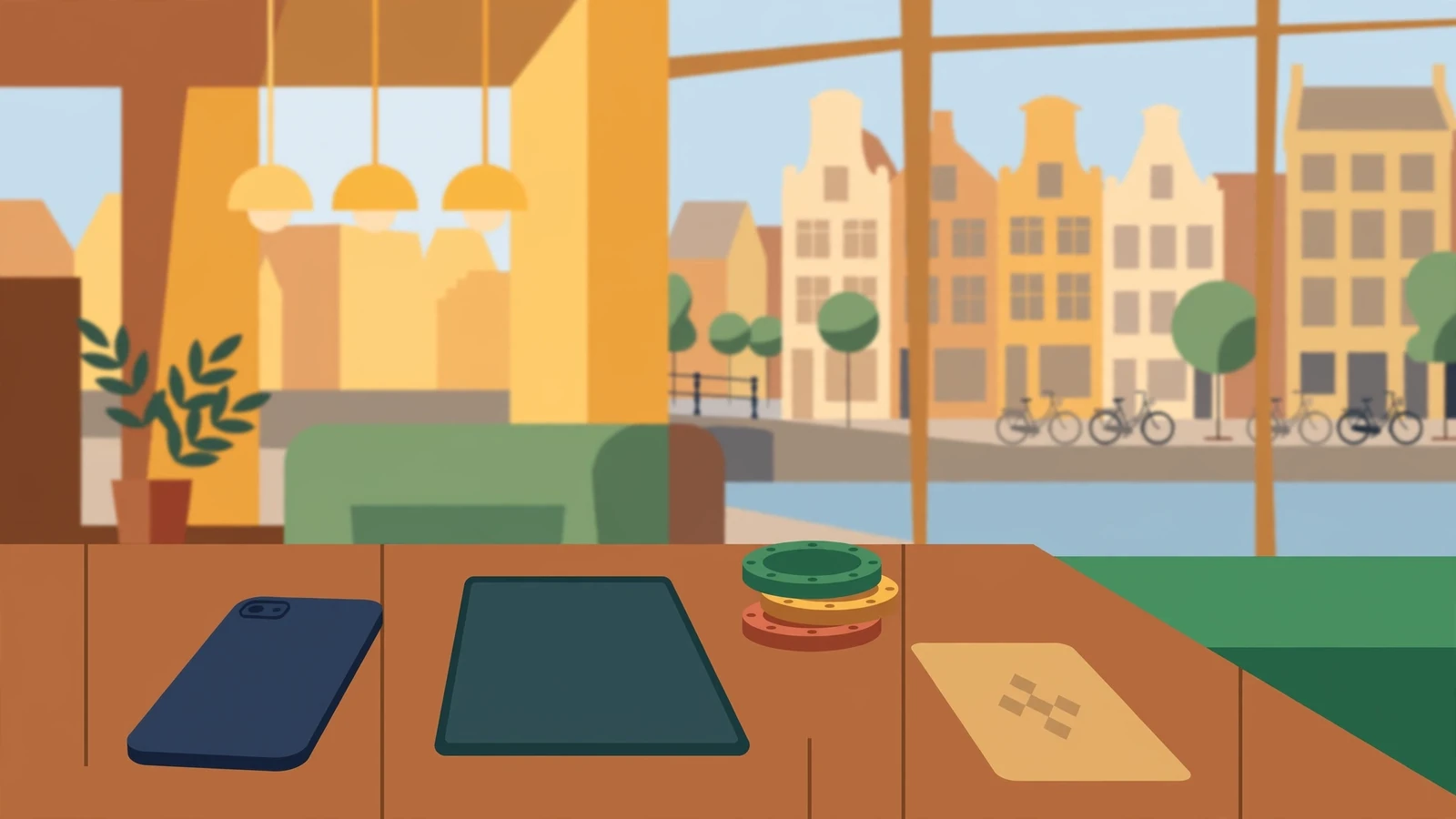 Speelomgeving met apparaten, chips en kaart bij een raam met Nederlandse grachtenwijk