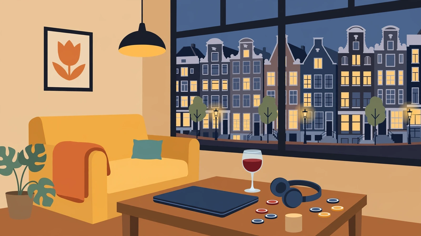 Sfeervolle huiskamer met gesloten laptop, casinofiches en glas wijn bij schemering