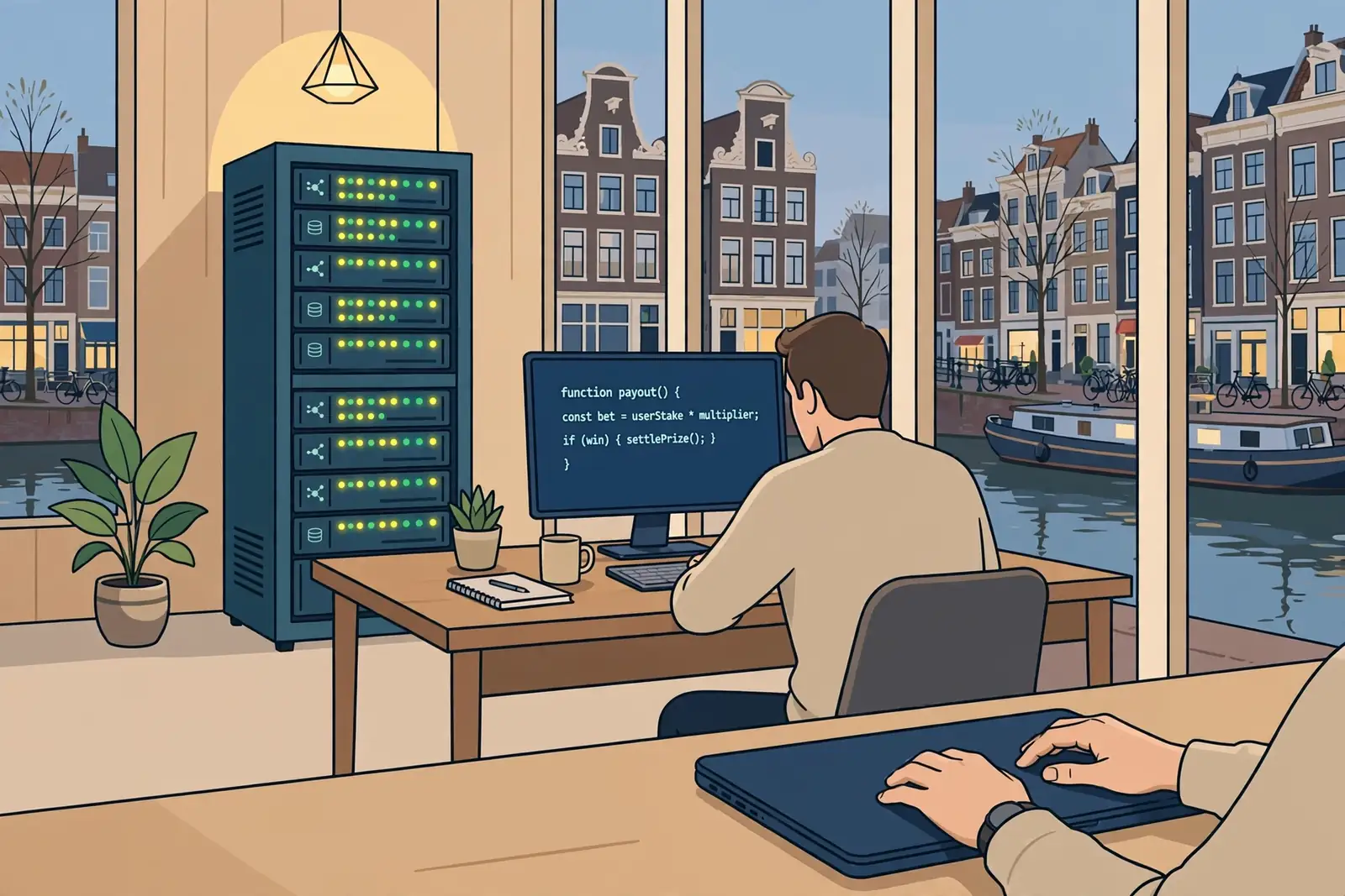 Online casino infrastructuur met serverkast, ontwikkelaarswerkplek en speler aan laptop in Nederlands interieur