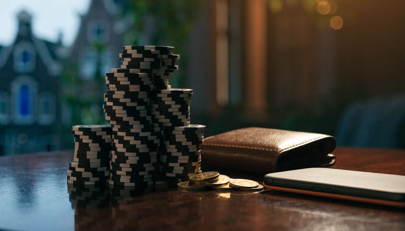 Stijlvolle casinotafel met chips en portemonnee in Nederlandse sfeer