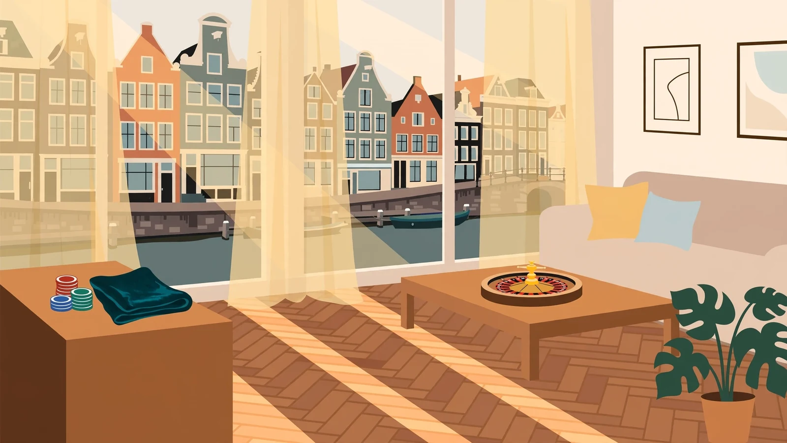 Nederlands interieur met casinofiches en roulette aan tafel