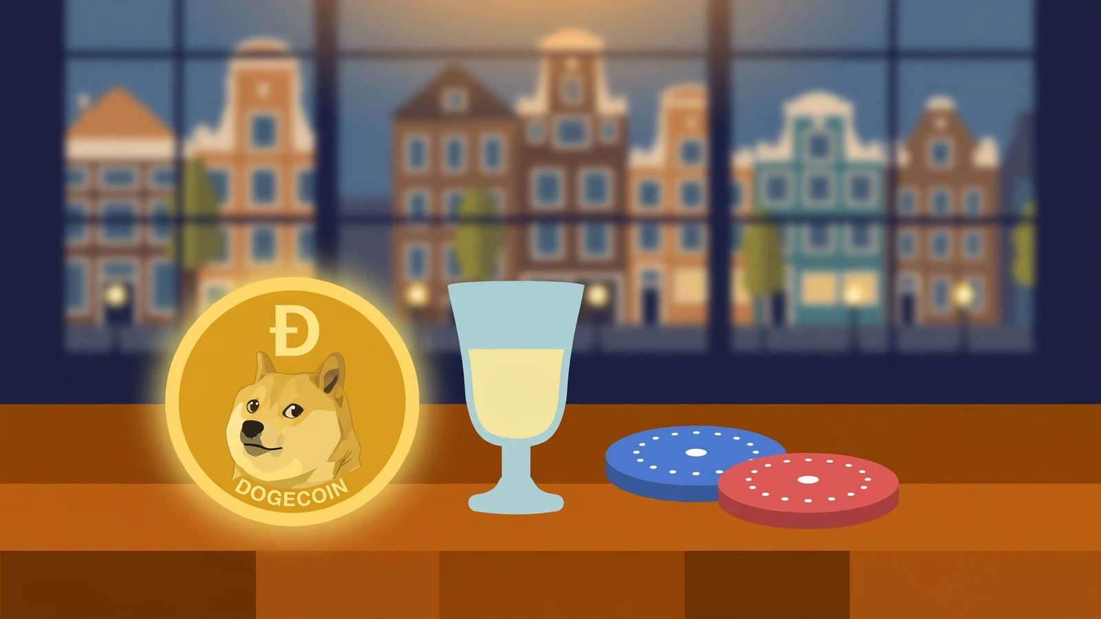 Dogecoin-munt naast speelfiches en een jeneverglas voor een grachtenraam in Amsterdam.
