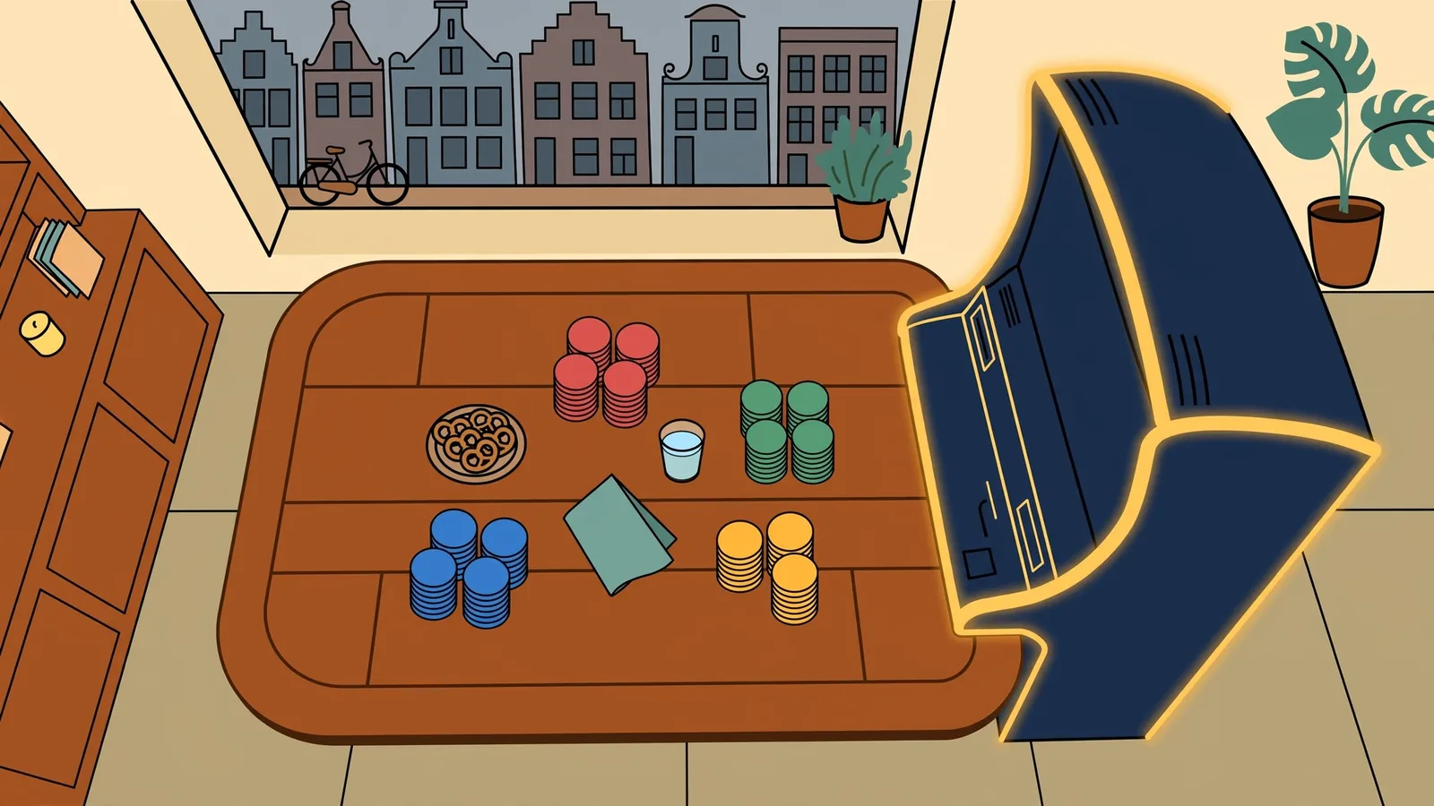 Houten casinotafel met chips en gokkast in Nederlandse speelhal