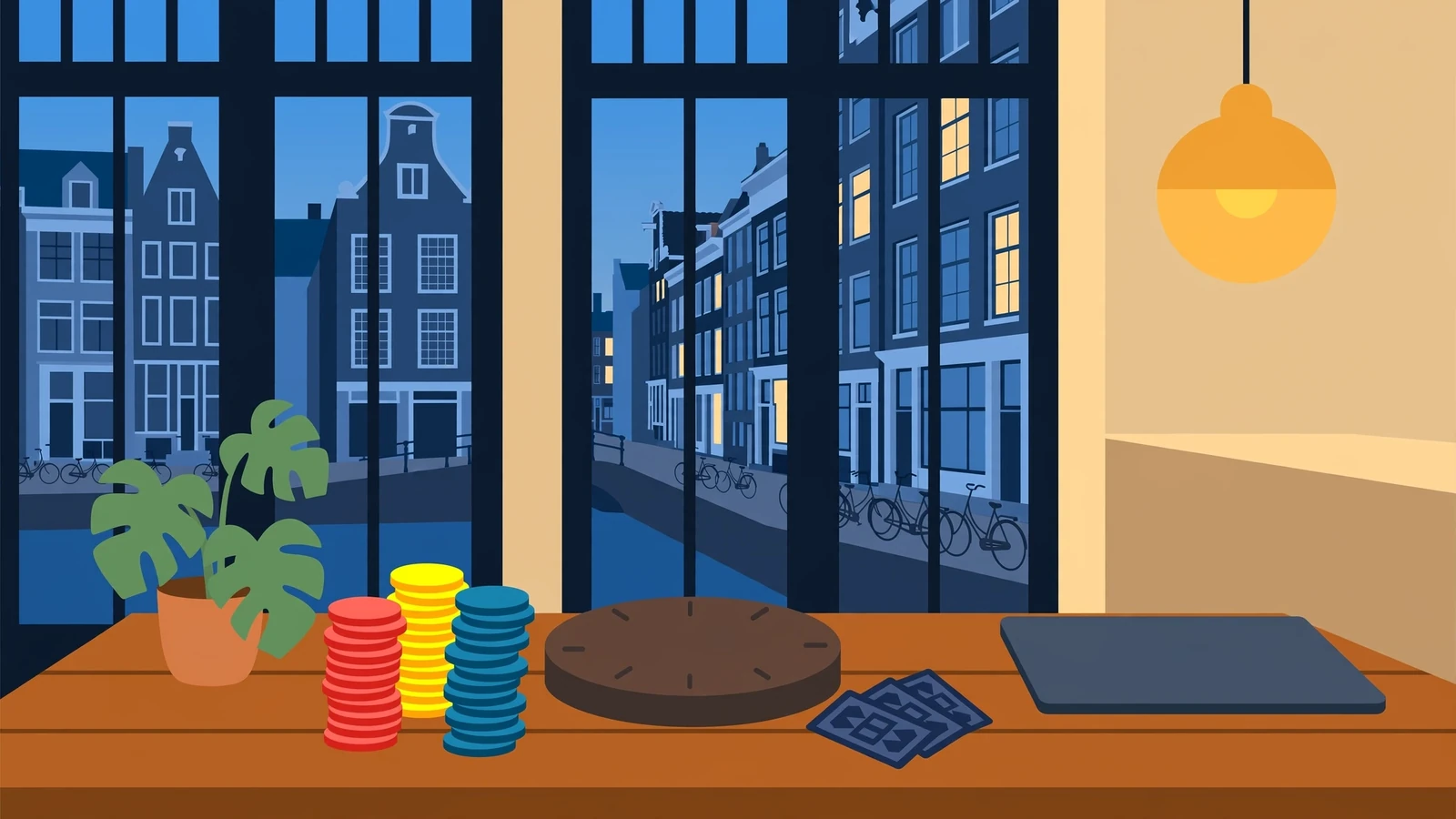 Sfeervol Amsterdams interieur met casinofiches en roulettewiel aan tafel bij schemering.