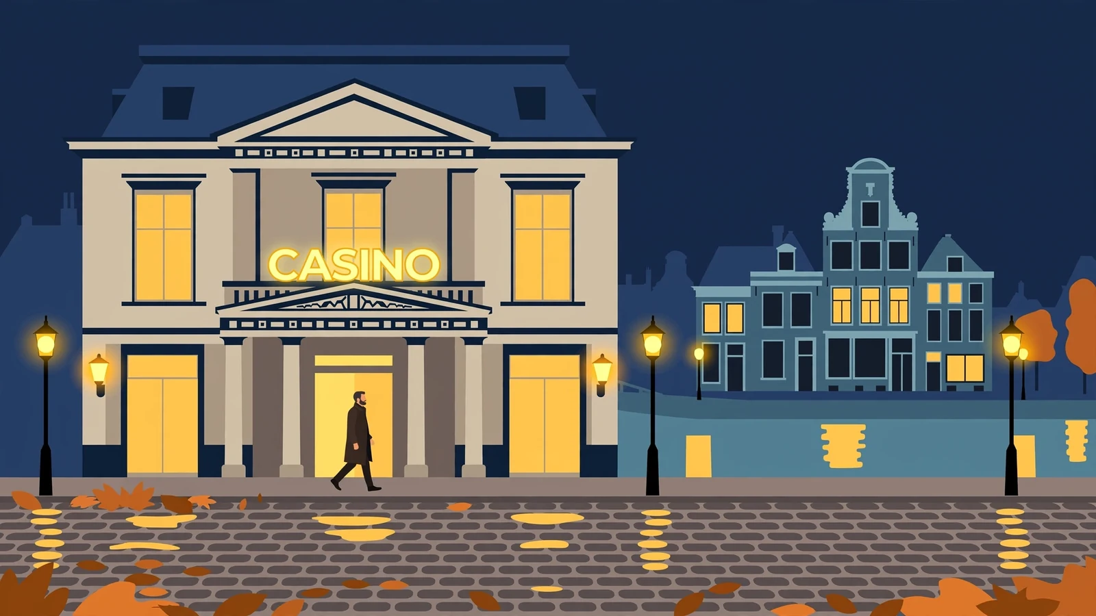 Verlichte gevel van een Europees casino in de avond met voorbijganger op natte klinkers.