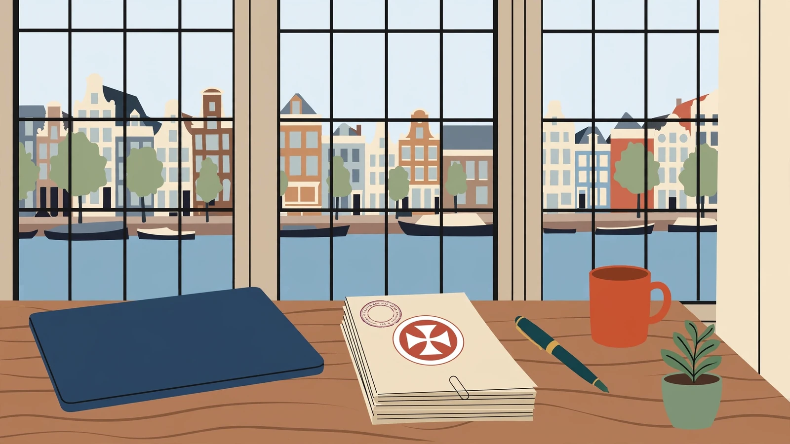 Bureau aan Amsterdamse gracht met documenten en Maltese zegel
