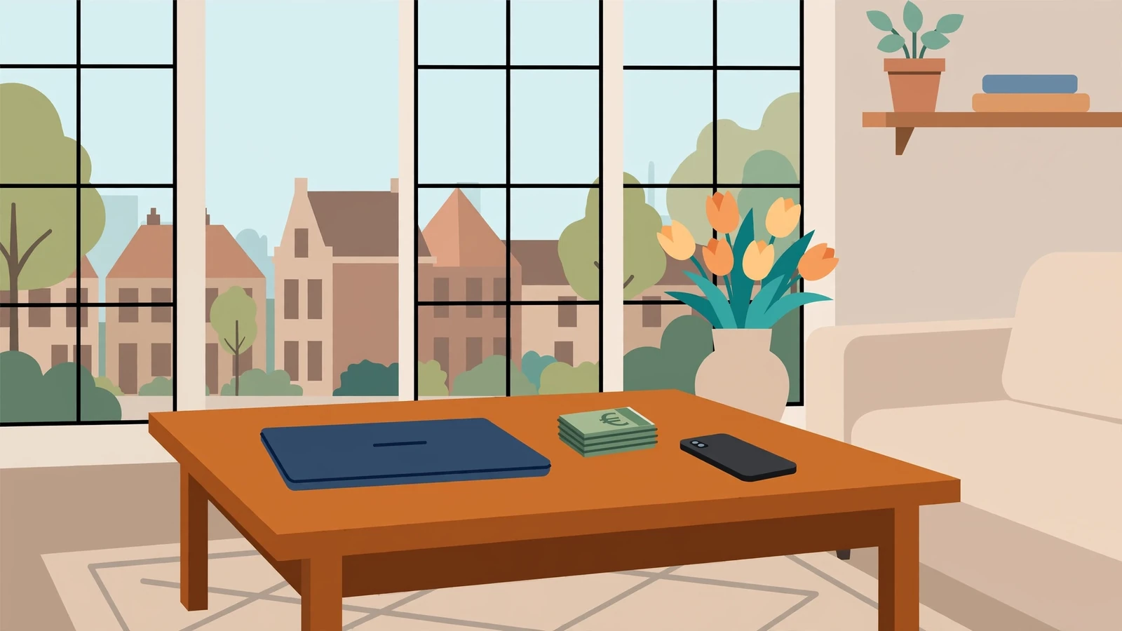 Laptop op salontafel met euro's en smartphone in moderne woonkamer