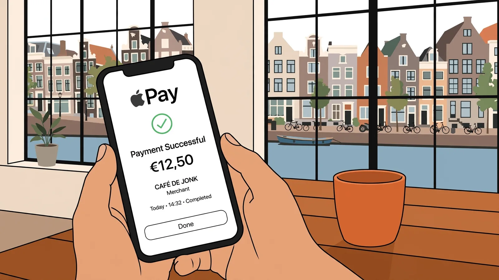 Smartphone met Apple Pay op een tafel, Nederlands interieur