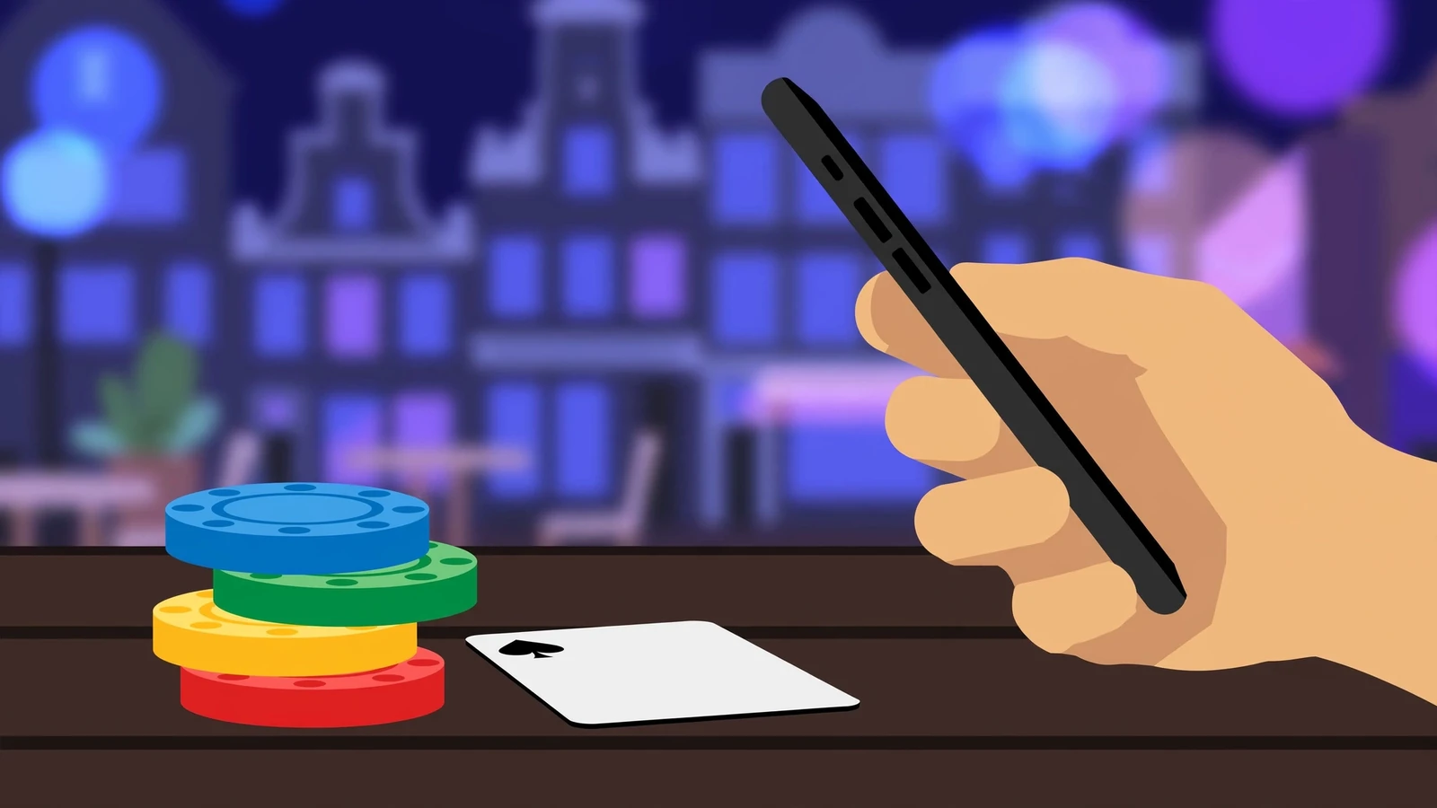 Smartphone naast casino fiches en een speelkaart op tafel
