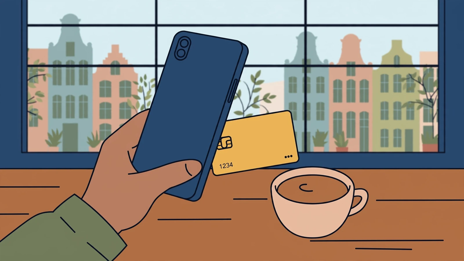 Smartphone met creditcard op een tafel in een Nederlands café