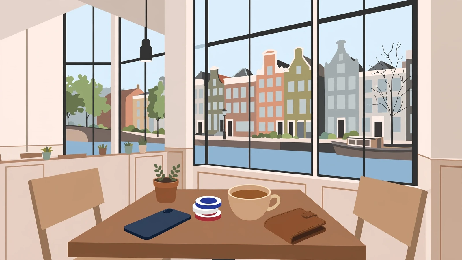 Nederlands café met smartphone en casinofiches aan tafel