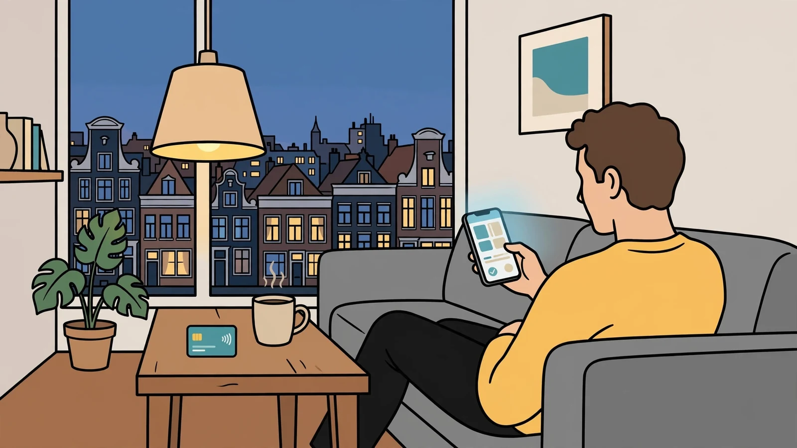 Persoon op de bank met smartphone en e-wallet in een modern Nederlands interieur.
