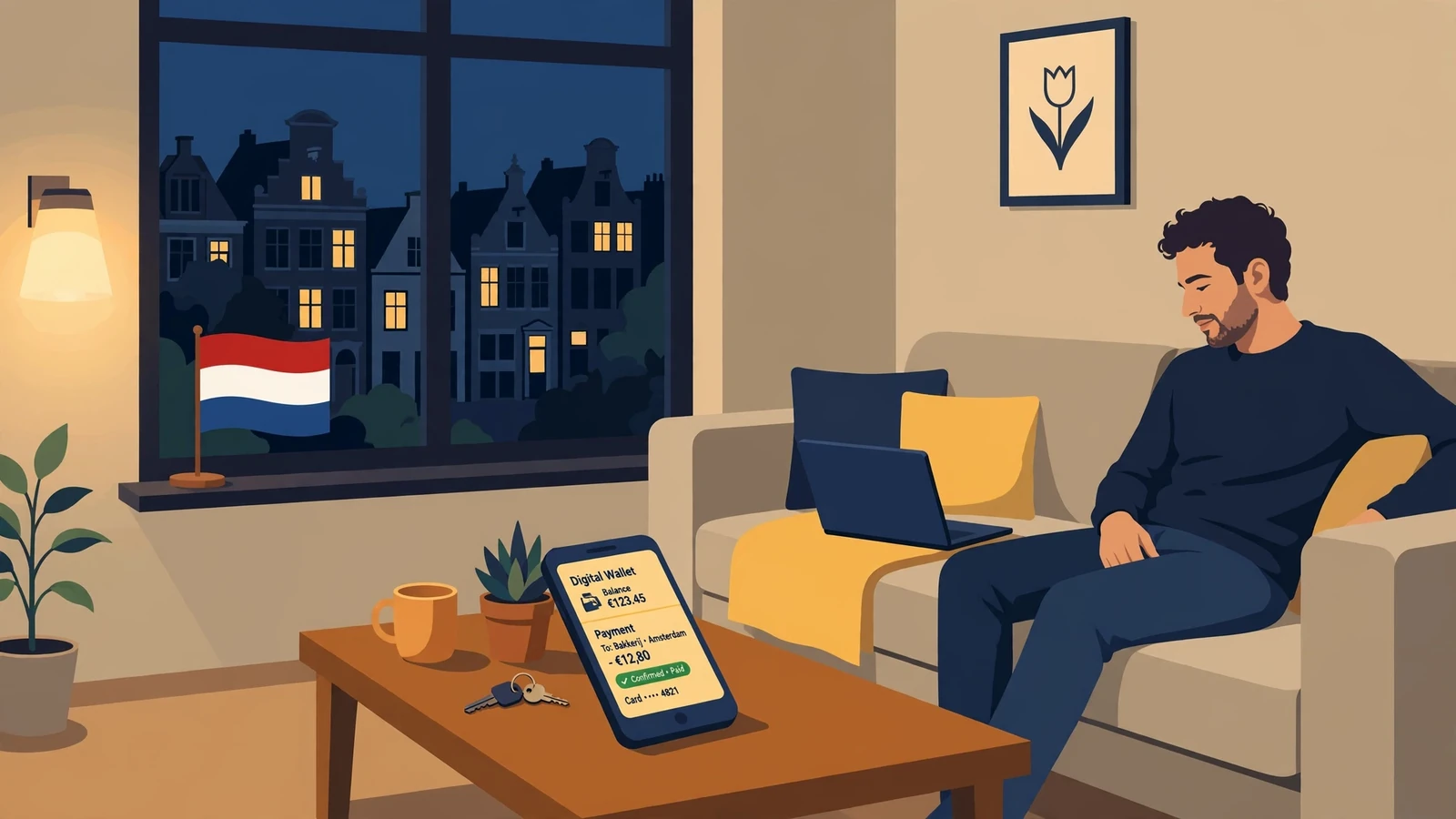 Nederlandse woonkamer met portemonnee-app op telefoon