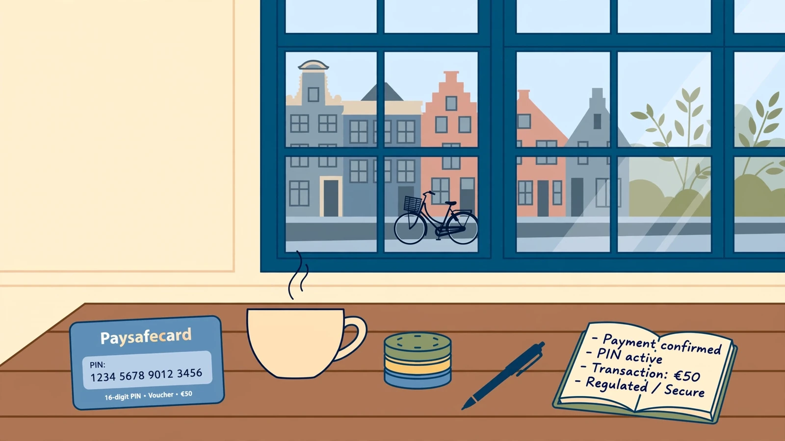 Paysafecard-voucher en chips op een tafel voor een raam met grachtenpand erbuiten.