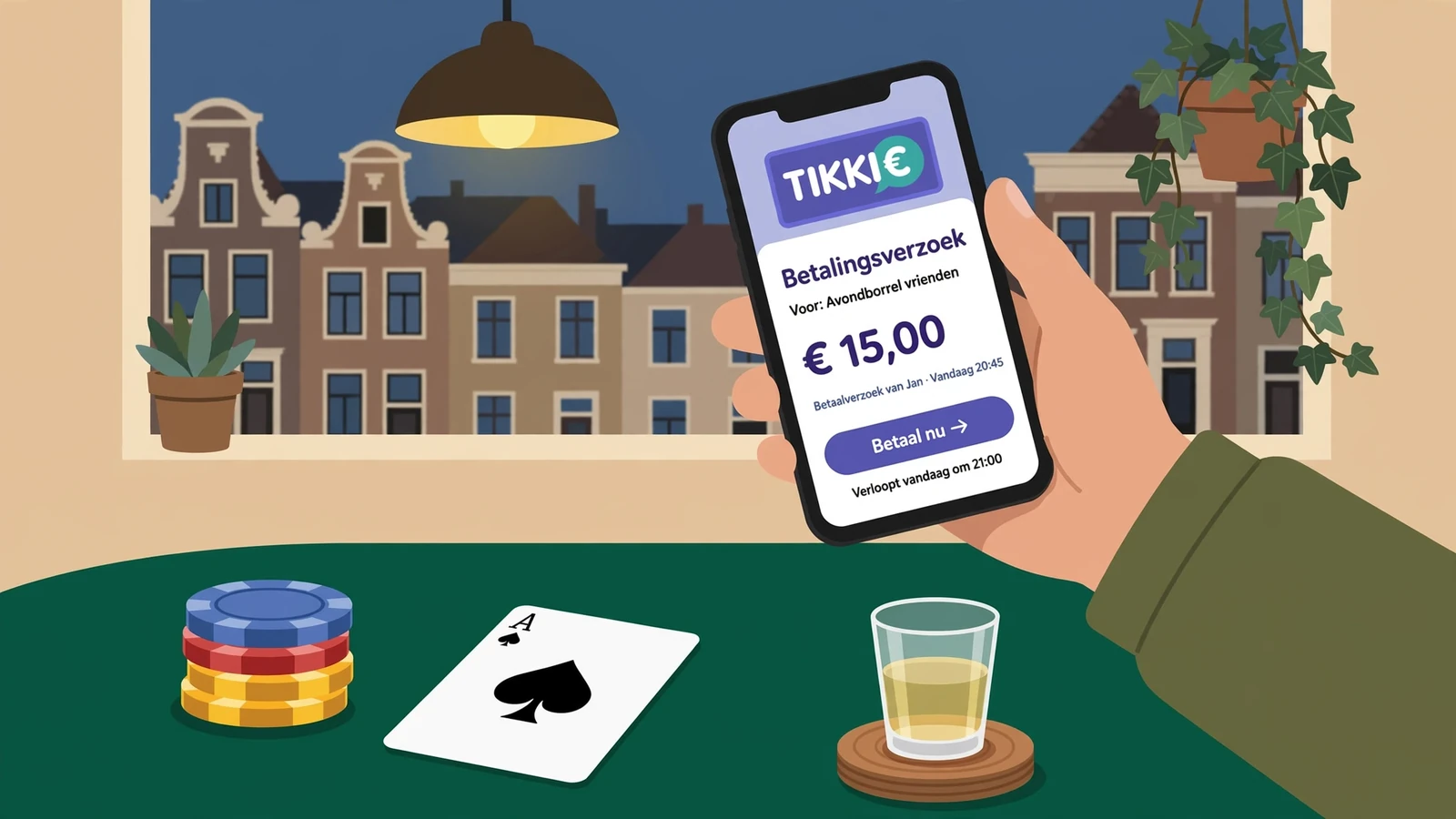 Smartphone met Tikkie-betaling op een casinotafel met fiches en een glas jenever.