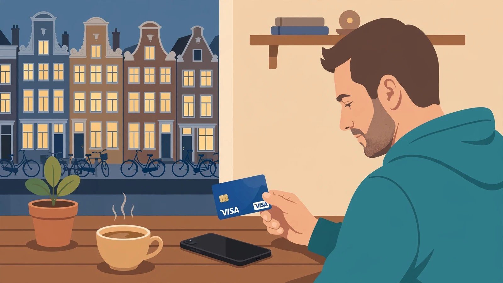 Nederlandse speler met Visa-kaart en telefoon in een Amsterdamse woning