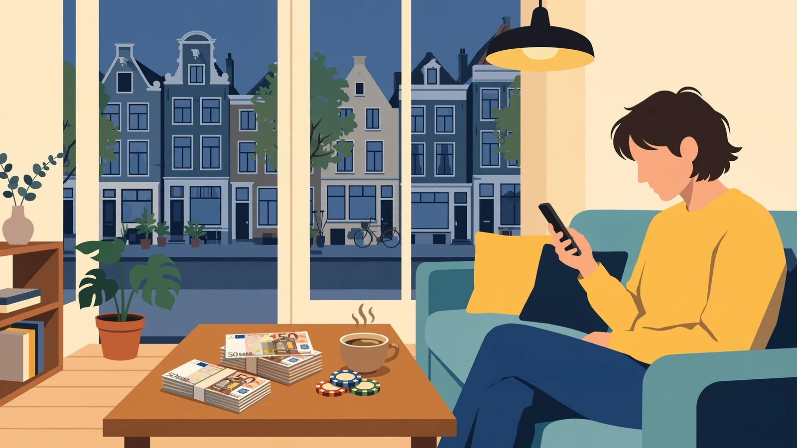 Persoon in Nederlandse woonkamer met smartphone, euro's en casinofiches op tafel.