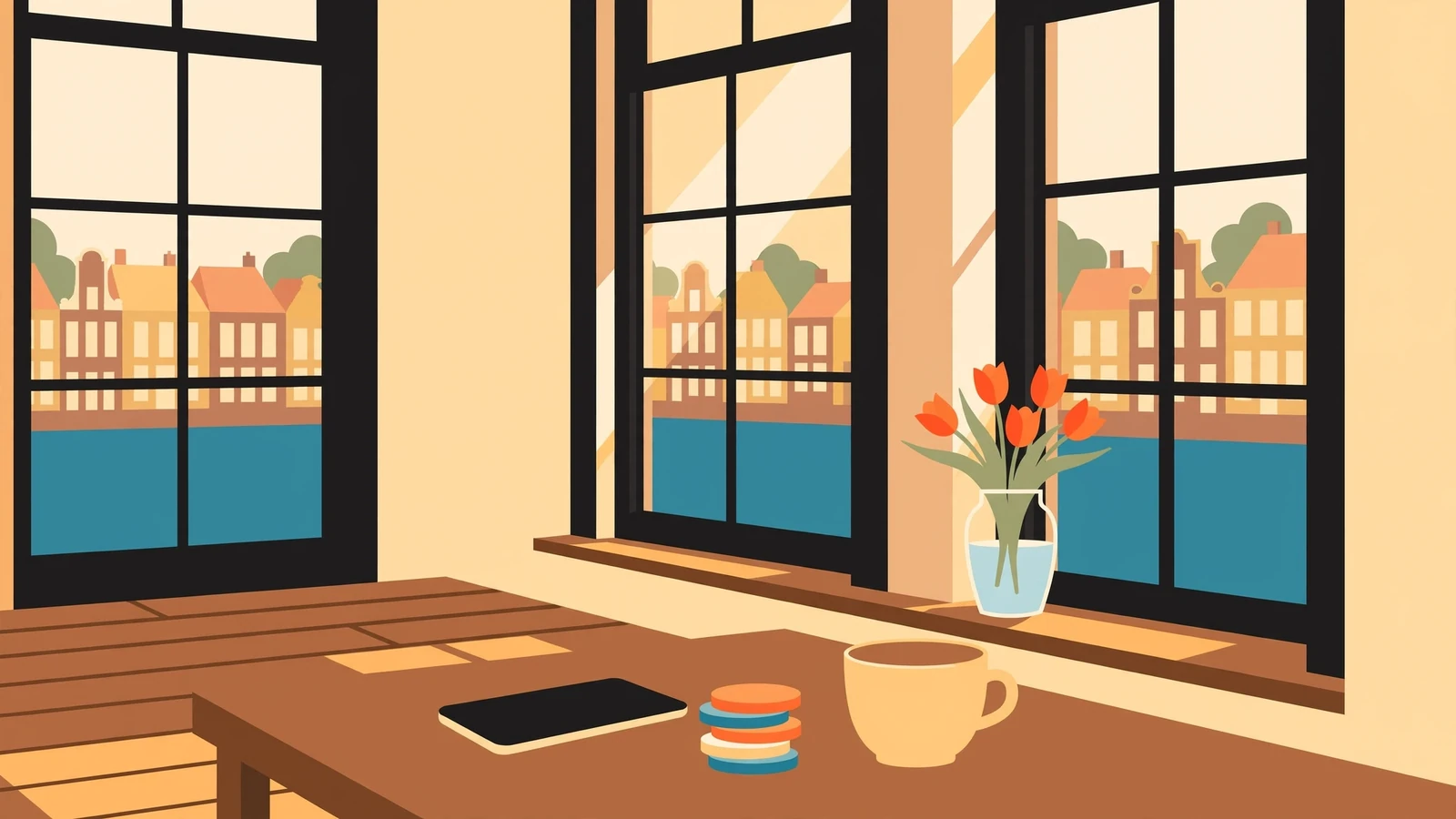 Sfeervol Amsterdams grachtenpand-interieur met smartphone, casinofiches en tulpen op tafel