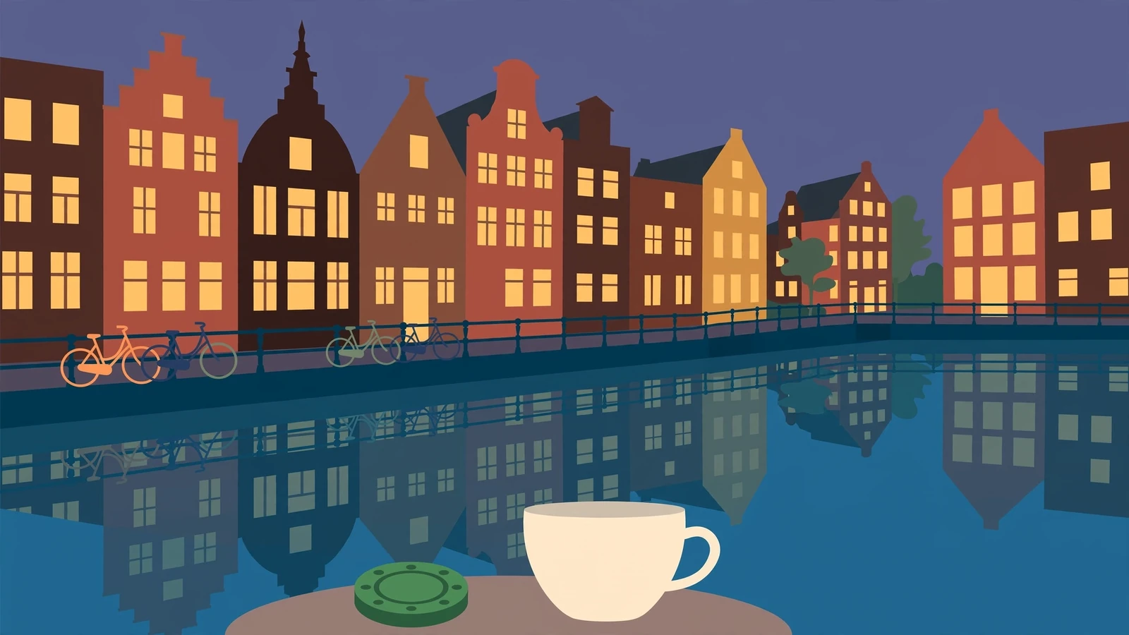 Gracht in Amsterdam met een casinofiches op een tafel