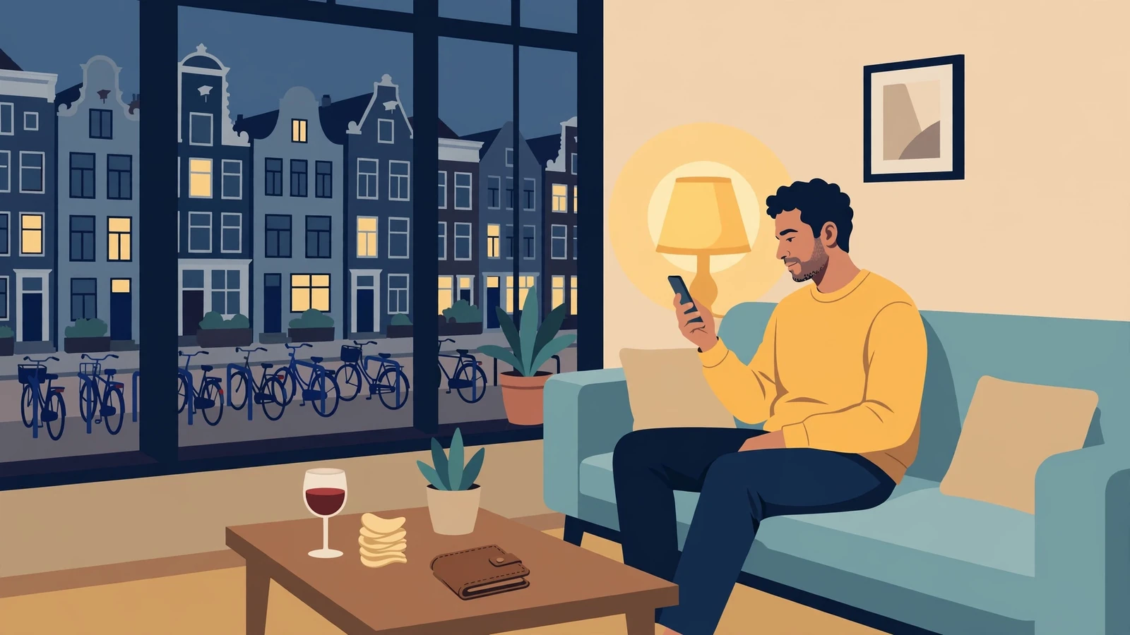 Persoon in Nederlandse woonkamer met smartphone, fiches en wijnglas op tafel.