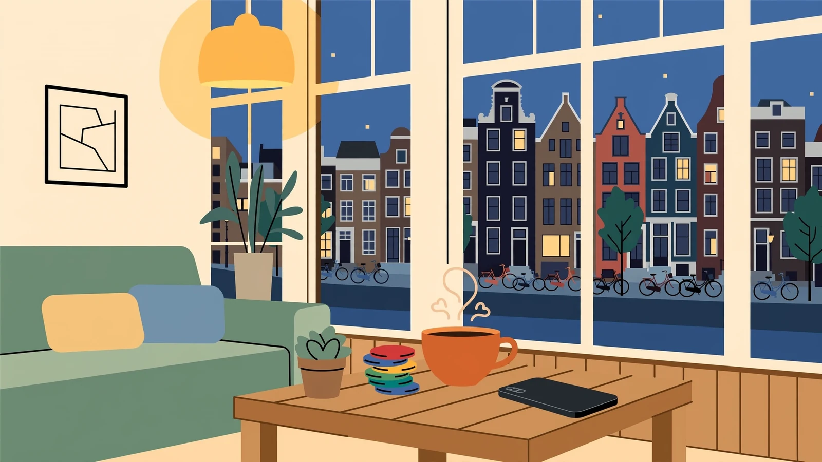Smartphone en casinofiches op een bijzettafel in een Nederlandse huiskamer