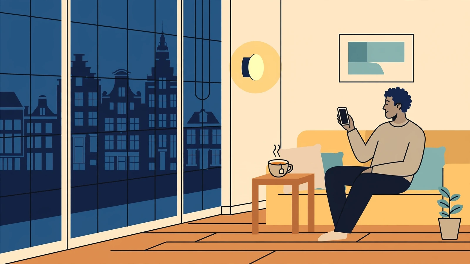 Persoon ontspant met smartphone in een moderne Nederlandse woonkamer met grachtenpandzicht.