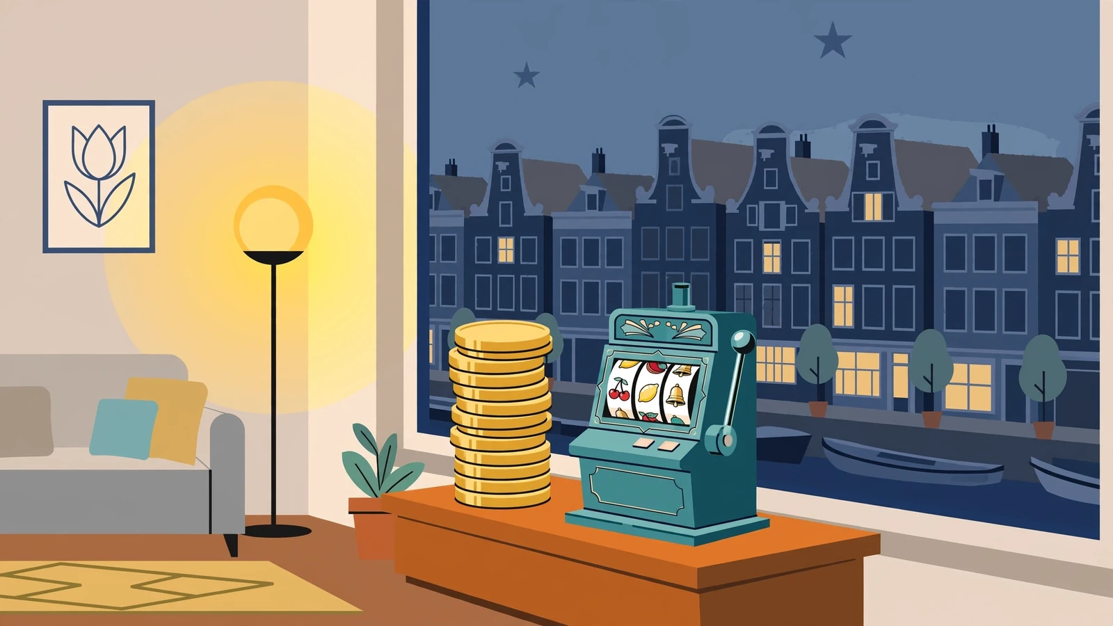 Stapel gouden munten naast een klassieke gokkast in een modern Nederlands interieur