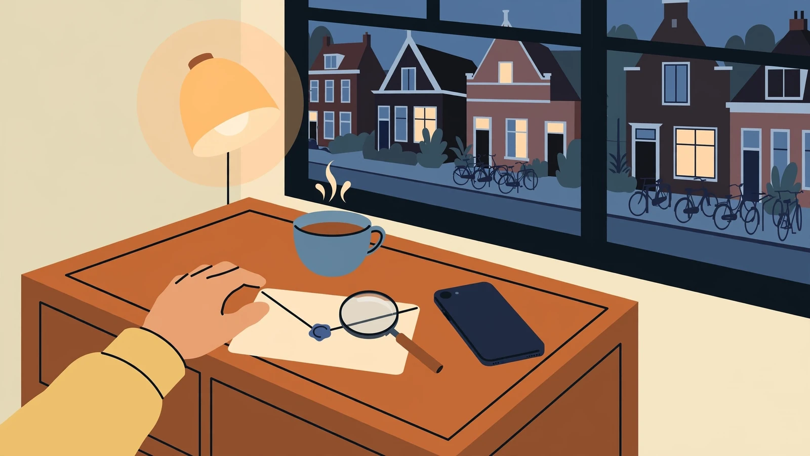 Nederlandse woonkamer met avondlicht, envelop en vergrootglas op tafel