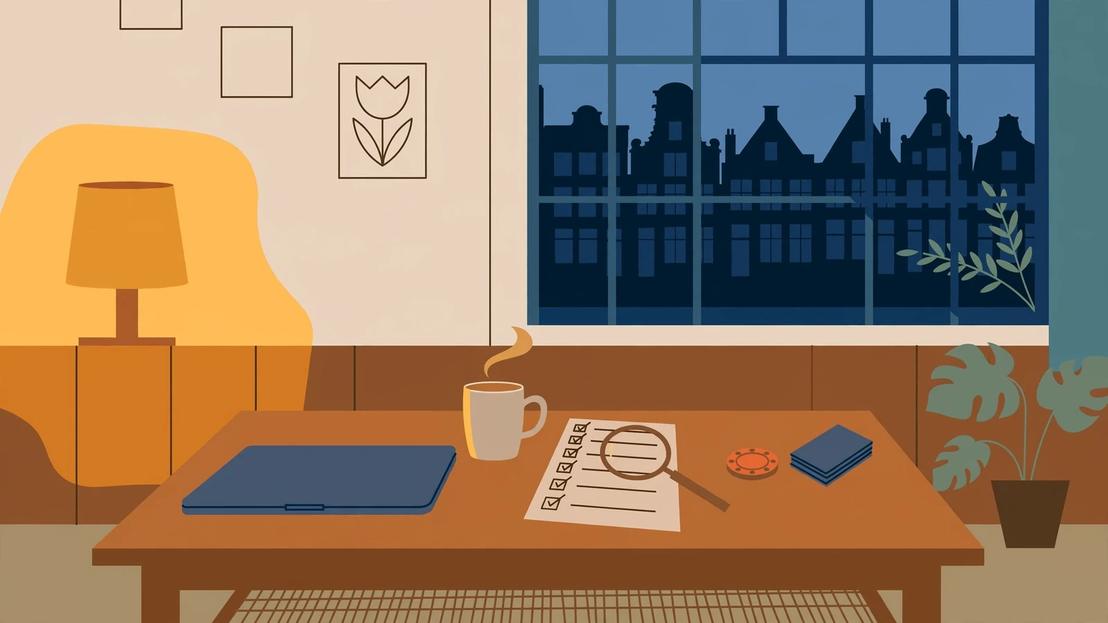 Huiskamer met vergrootglas op checklist bij gesloten laptop