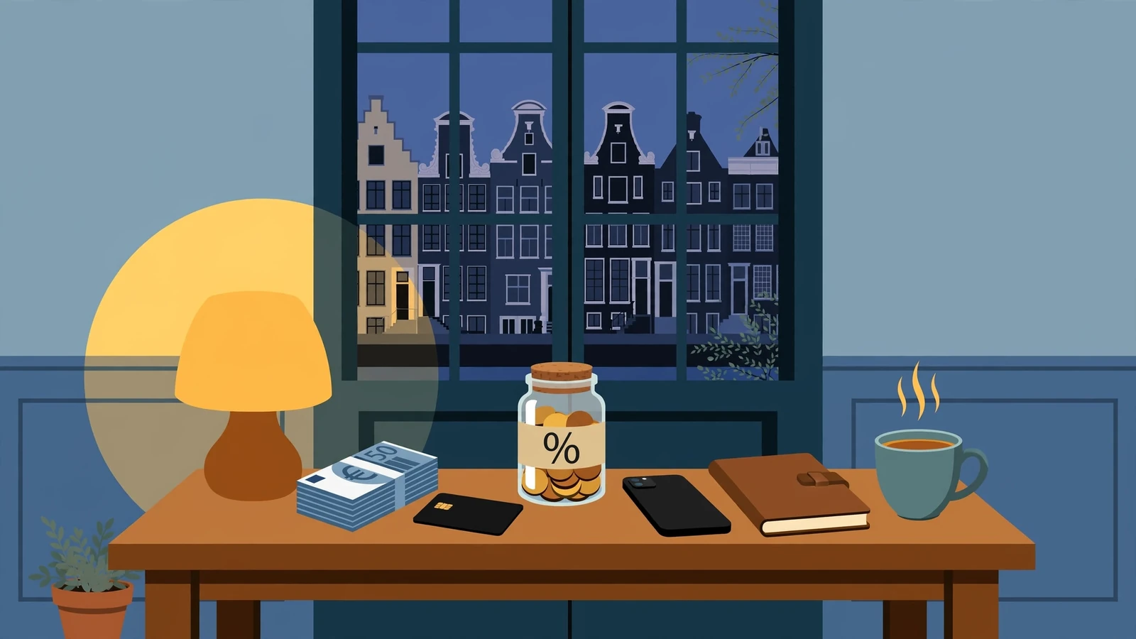 Stapel eurobiljetten en een spaarpot met kortingpercentage op een tafel in een Nederlands huis.