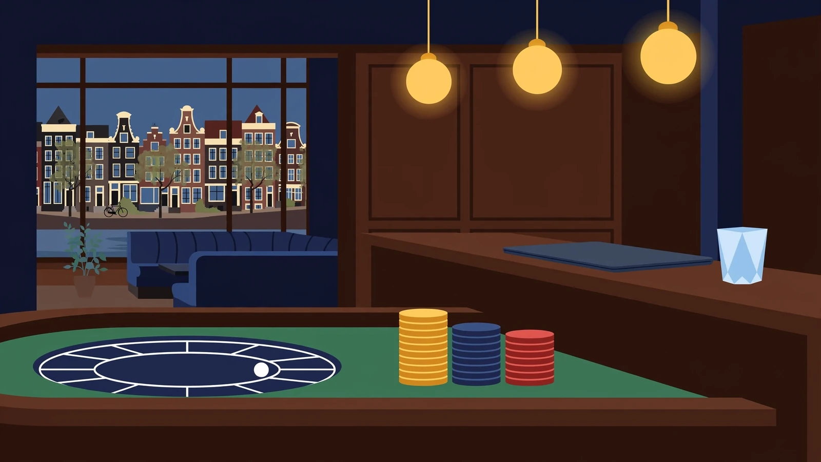 Een elegante casinoruimte met een roulette tafel en hoge inzet chips.