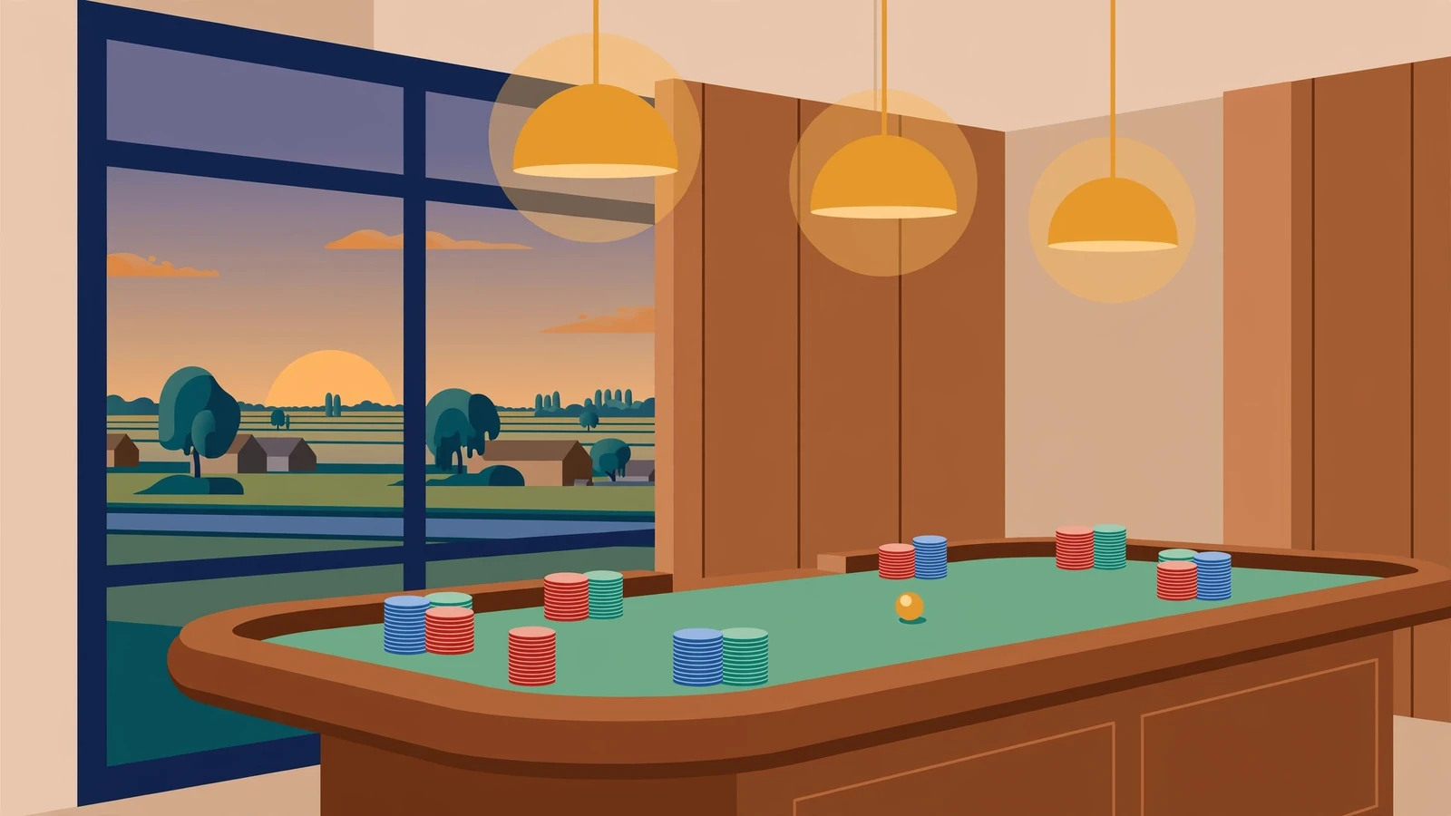 Elegant casino-interieur met roulette en fiches, warm licht, Nederlands uitzicht