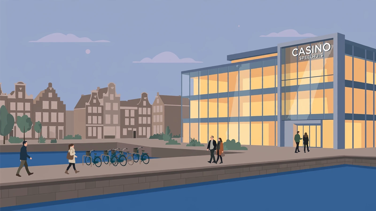 Exterieur van een modern Nederlands casino aan een grachtenpromenade in Nederland