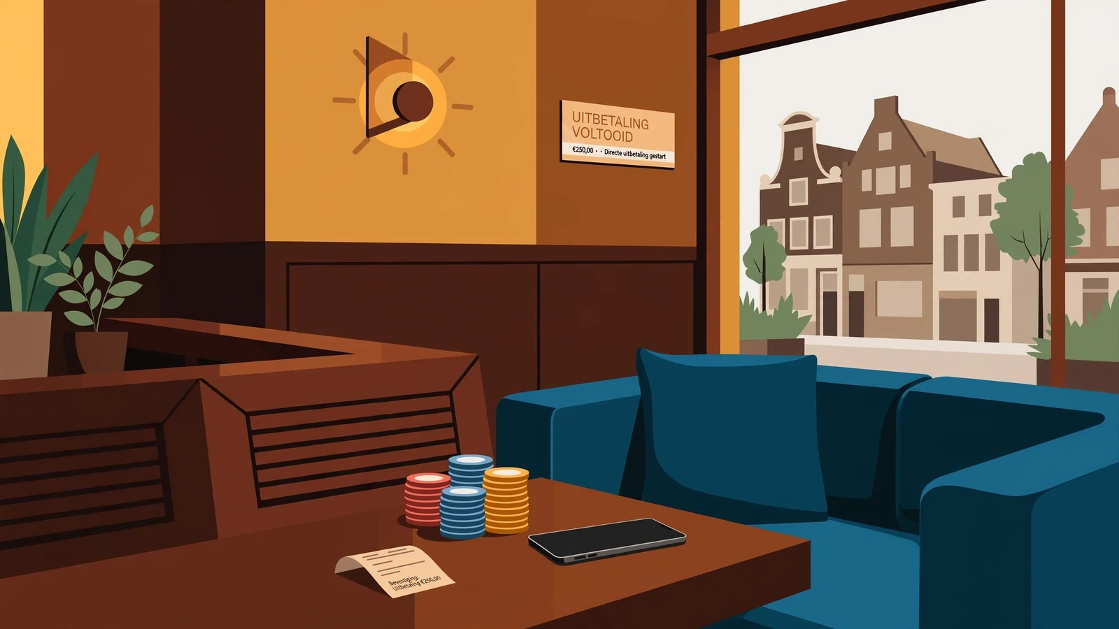 Stapel casinofiches op een fluwelen tafelrand in een modern Nederlands casinolounge, met een omlaag gedraaide smartphone ernaast.