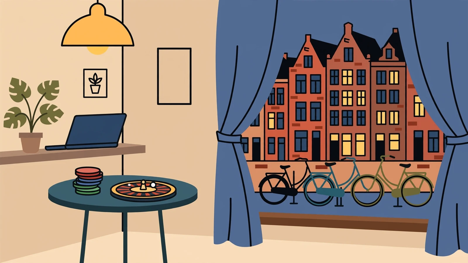 Sfeervolle Nederlandse woonkamer met casinofiches en roulette aan tafel